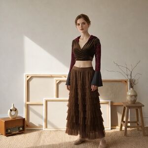 Brown Hooded Tie Front Top Cropped Lace Stretch Whimsigoth Boho Patchwork SZ SP